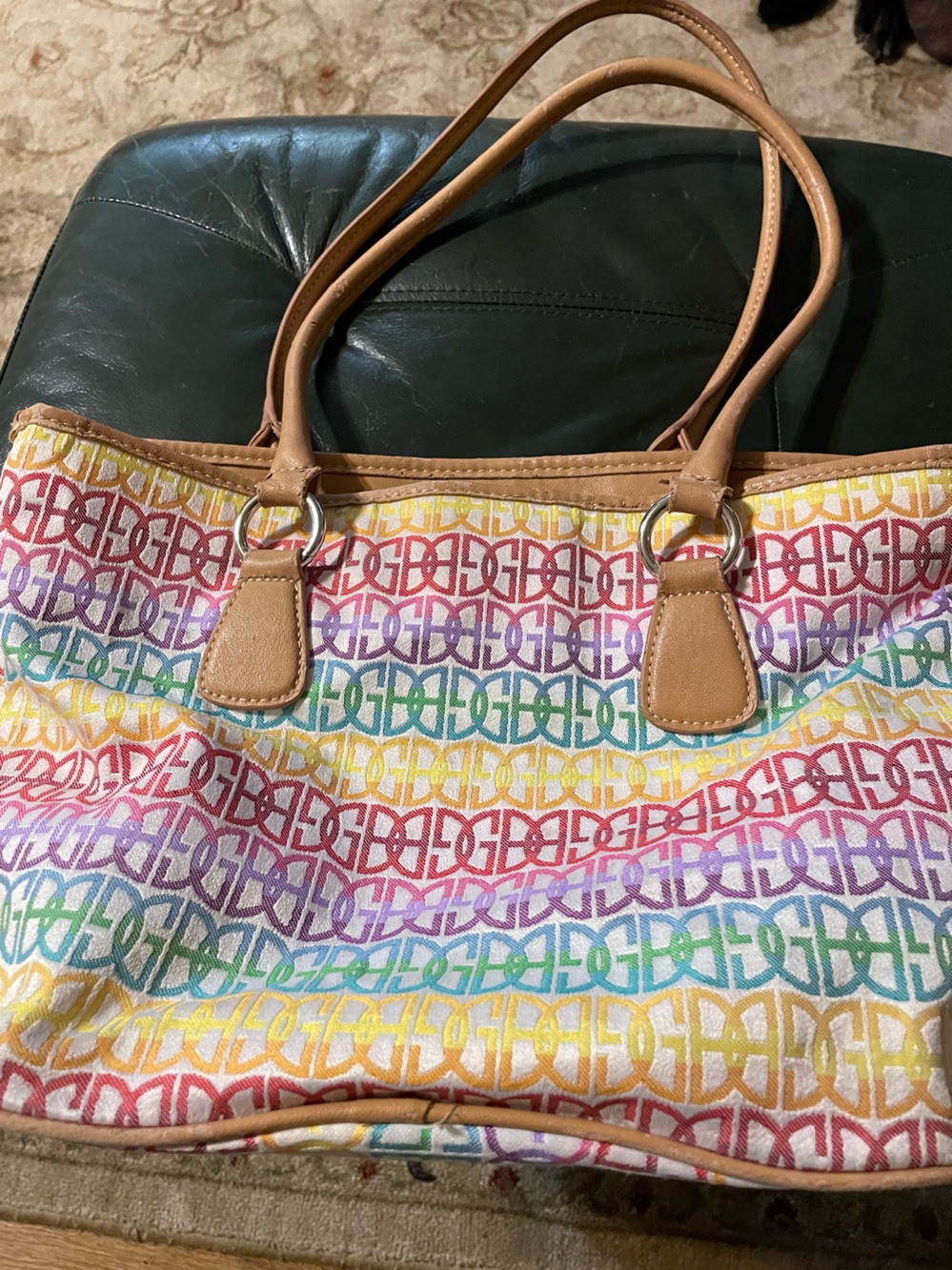 Rainbow Pattern Canvas Tote Bag with Tan Trim